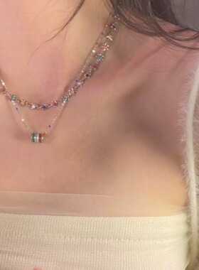 彩色小花锁骨链彩虹小蛮腰项链双层叠戴夏季小众甜酷多巴胺颈链女