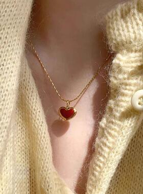 SixiCake复古红色爱心项链女