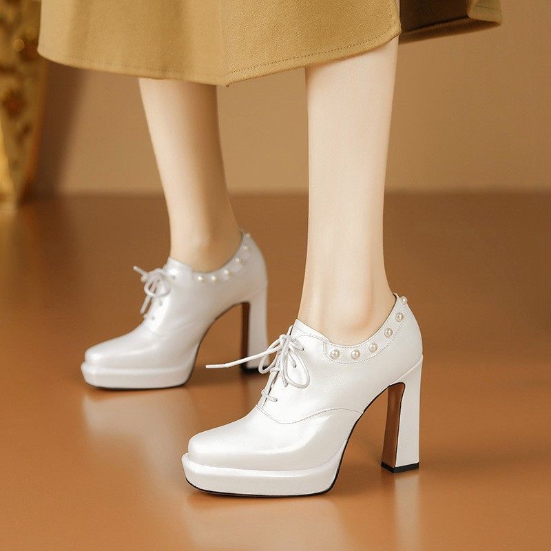 头层牛皮绑带深口单鞋女复古珍珠厚底高跟鞋时装走秀小皮鞋,淘宝优惠券,粉丝福利购,淘宝优惠卷