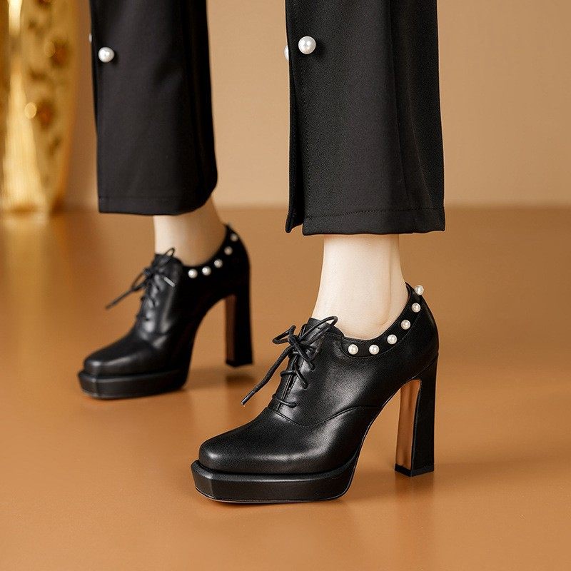 头层牛皮绑带深口单鞋女复古珍珠厚底高跟鞋时装走秀小皮鞋,淘宝优惠券,粉丝福利购,淘宝优惠卷