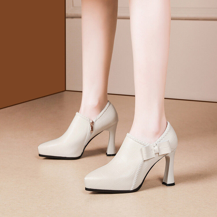 2025春季百搭防水台上班皮鞋蝴蝶结不累脚尖头深口高跟单鞋女粗跟,淘宝优惠券,粉丝福利购,淘宝优惠卷