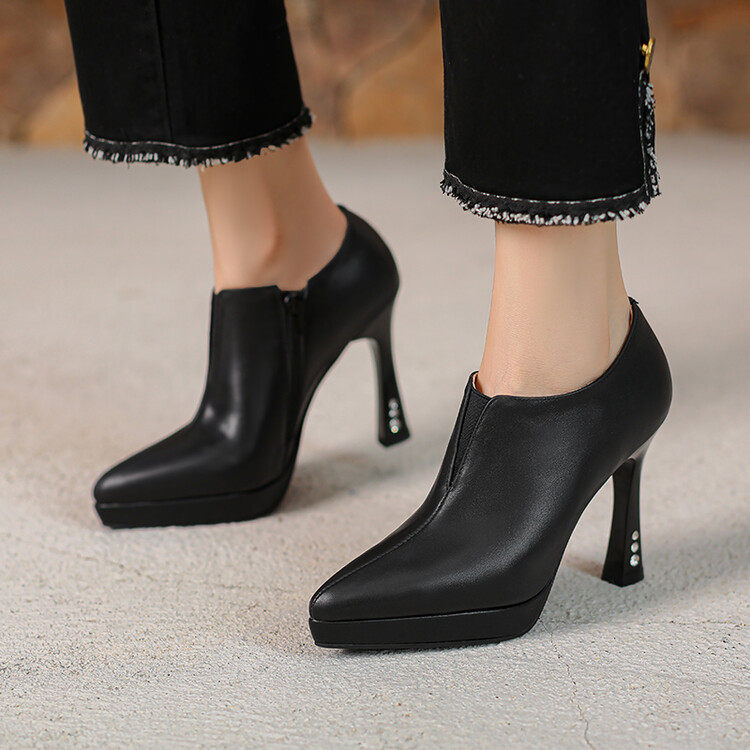 深口单鞋女2025秋冬新款百搭牛皮细跟鞋防水台高跟鞋女模特走秀鞋,淘宝优惠券,粉丝福利购,淘宝优惠卷