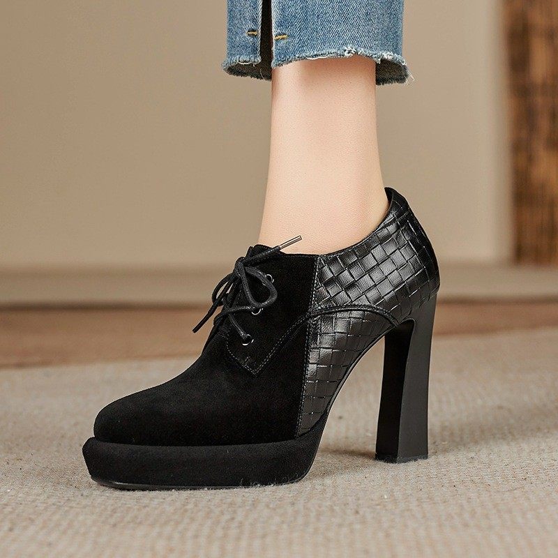 羊翻皮深口单鞋女高跟鞋2025秋冬新款女鞋欧美风复古绑带小皮鞋,淘宝优惠券,粉丝福利购,淘宝优惠卷