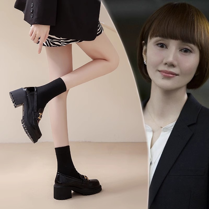高跟单鞋女英伦风厚底小皮鞋小个子增高乐福鞋2025春秋新款豆豆鞋 - 图1