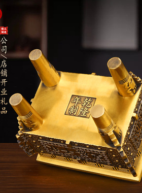 黄铜四方铜鼎 鼎盛千秋家用开业家居办公玄关铜鼎落地摆件