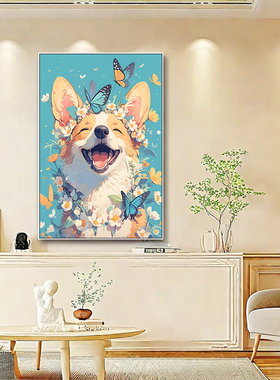 治愈系可爱小狗挂画手绘油画风格狗狗柴犬画像萨摩耶宠物店装饰画