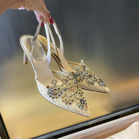 2024新款秀禾婚纱两穿rc高跟鞋婚鞋尖头细跟单鞋香槟色晚会新娘鞋