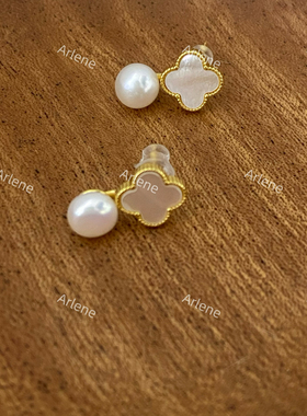 冷淡小众优质四叶草珍珠贝母耳钉925镀18k2024新款女珍珠气质耳饰