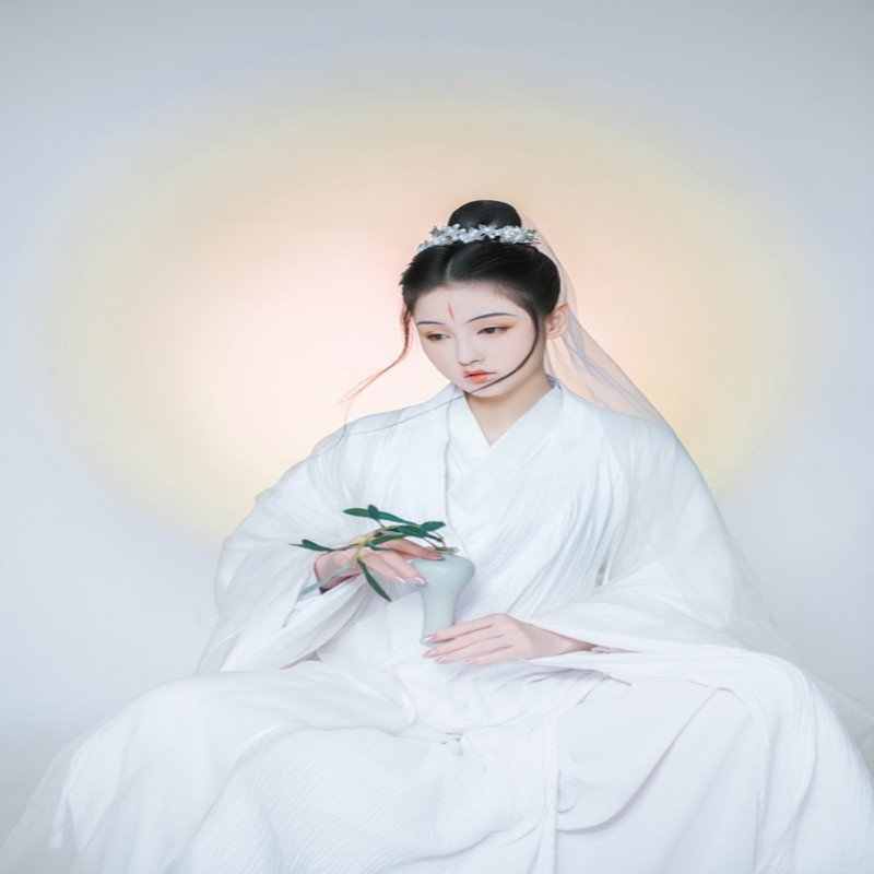 汉服女西游记菩萨衣服全套头纱角色演出服观世音头饰白色成人服装 - 图3