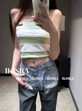 夏季清爽感拼色条纹抹胸上衣女