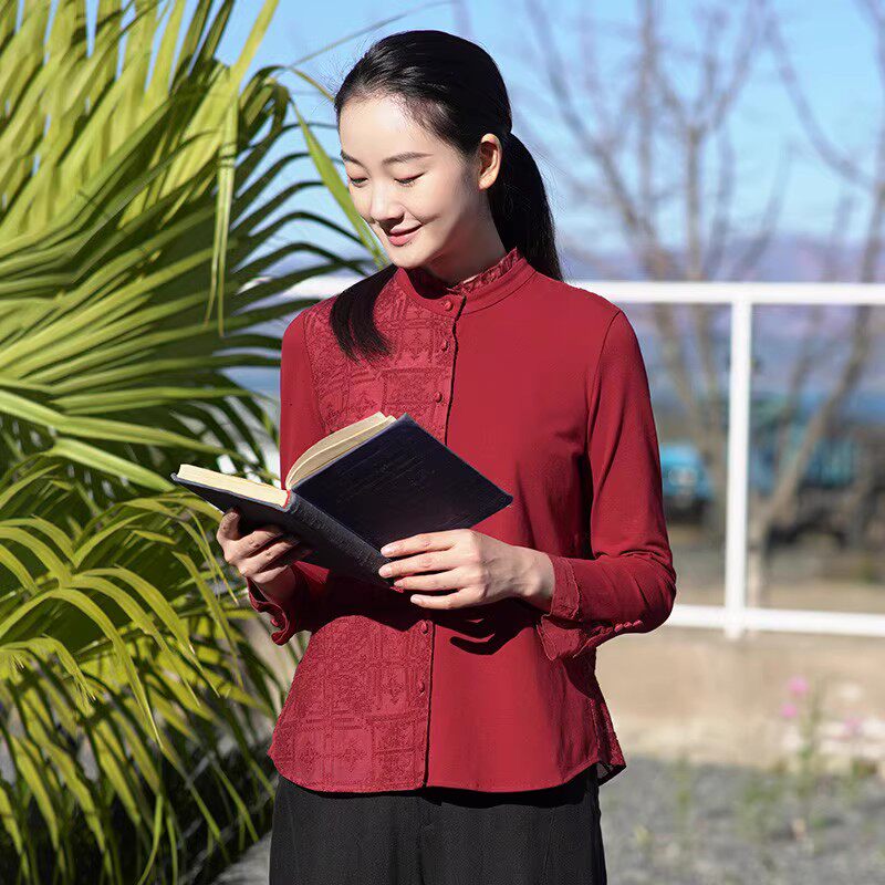 布符2023秋季新款原创设计独特绣花中式小立领木耳花边长袖衬衫女