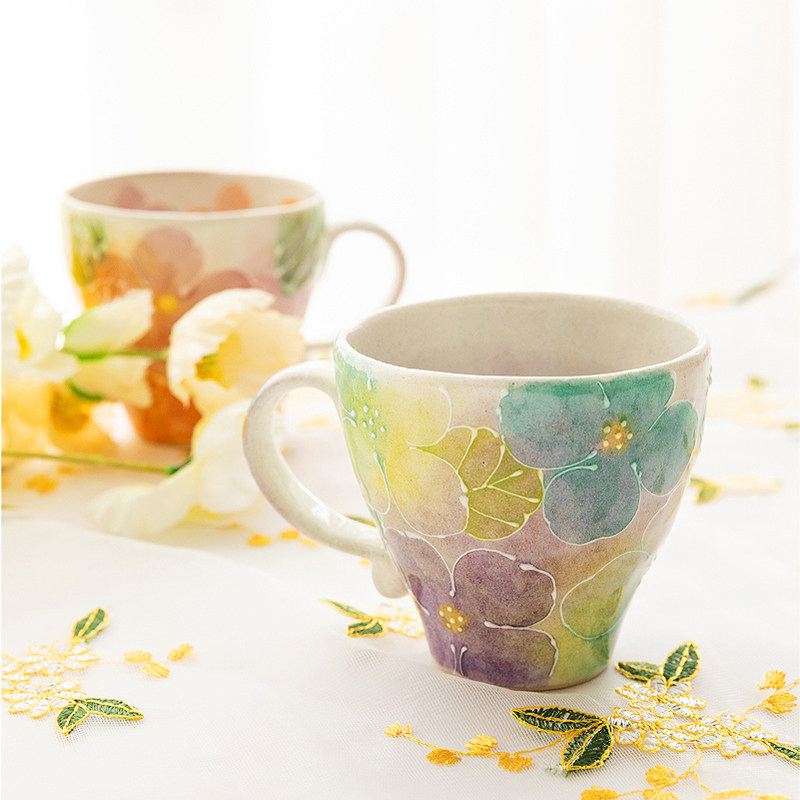 现货一丁目日本进口女子工坊风花手绘一珍花纹马克杯咖啡杯杯子