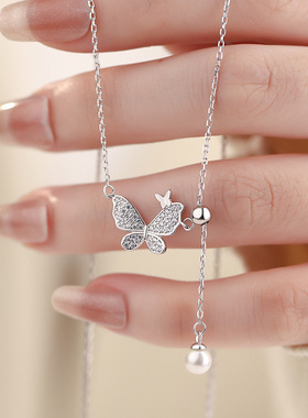 S999纯银小清新甜美蝴蝶珍珠项链女ins小众轻奢锁骨链简约高级感