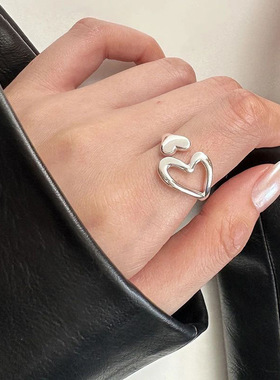 通体999足银镂空爱心戒指女ins简约通勤冷淡风小众设计高级感轻奢