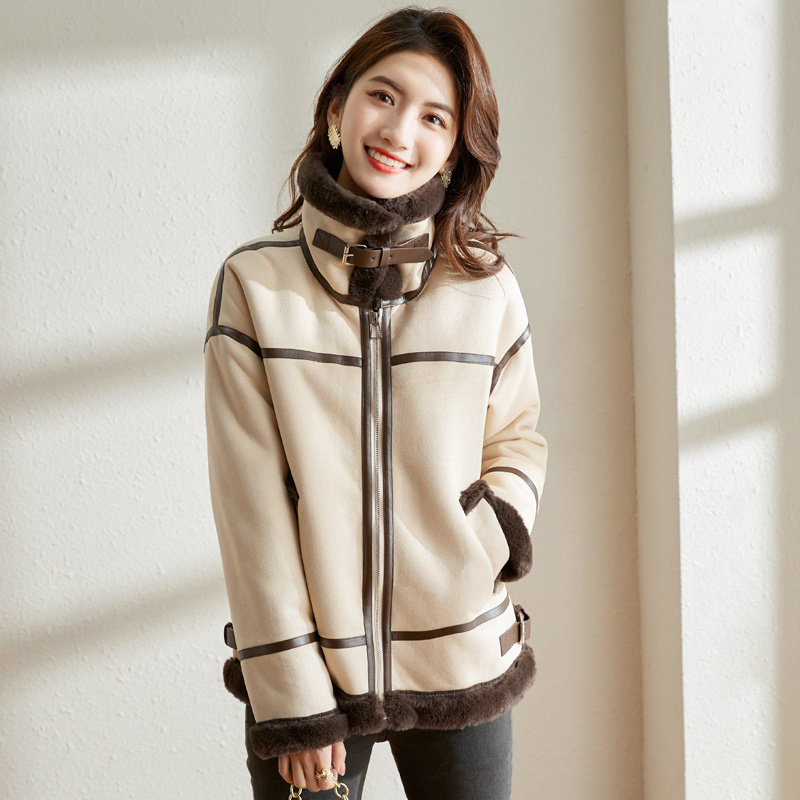 皮毛一体鹿皮绒短款冬季新款机车服 yashlandy女装短外套