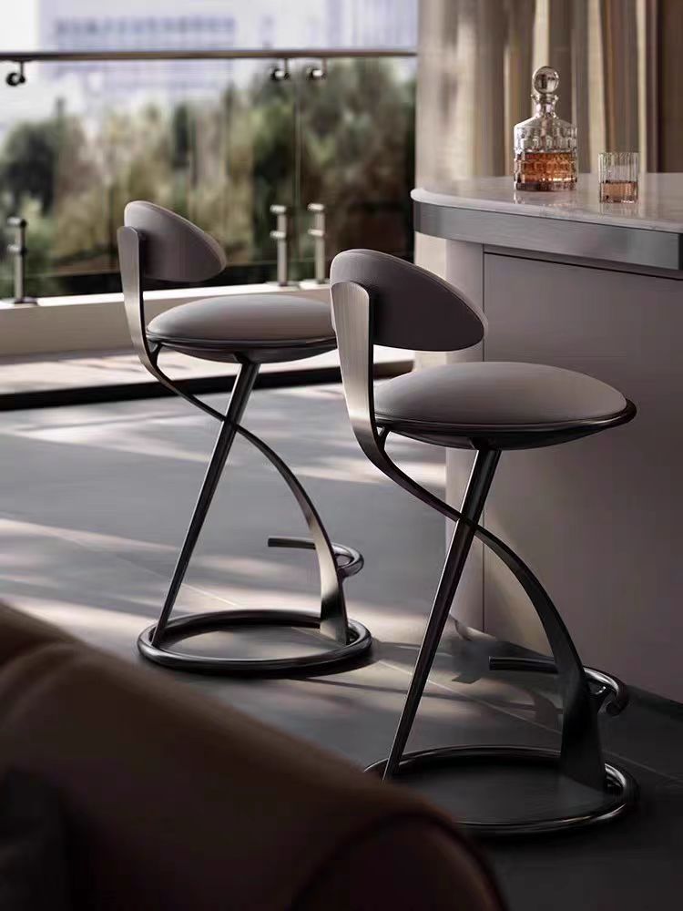 Italian simple stainless steel high stool bar chair light luxury high-end home hotel leather bar chair backrest