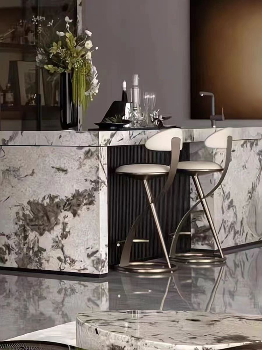 Italian simple stainless steel high stool bar chair light luxury high-end home hotel leather bar chair backrest