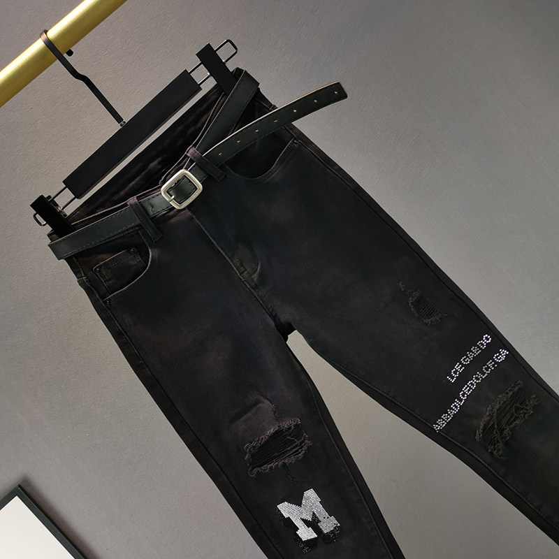 薄绒牛仔裤女2025年冬季新款弹力修身高腰显瘦欧洲站假破洞小脚裤,淘宝优惠券,粉丝福利购,淘宝优惠卷