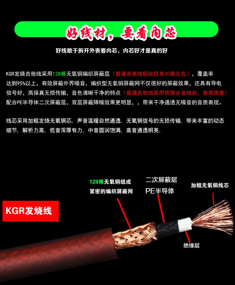 正品KGR单块线效果器短线吉他乐器线发烧品质降噪屏蔽乐器连接线-图1