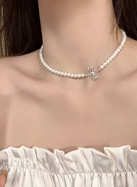 正圆极光无暇珍珠蝴蝶结锁骨链短款百搭项链女款颈链送学生礼物