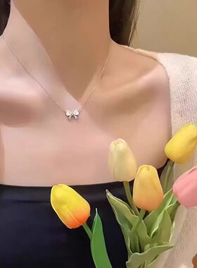 S925银爱心蝴蝶结项链女 贝母镶钻锁骨链 轻奢简约高级感吊坠