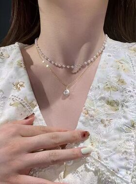 日韩风双层叠戴珍珠项链女锁骨链 白色合金choker项链百搭时尚