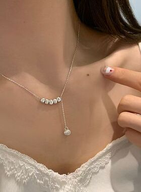 韩系简约五珠抽拉项链女S925银小众设计轻奢百搭闺蜜款颈链