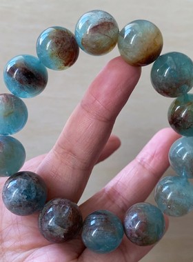 天然蓝绿色岛屿共生海蓝宝手链女