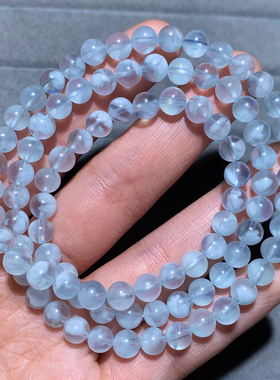 天然海蓝宝三圈手链润蓝色佛珠女
