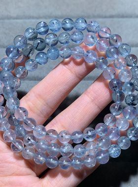 天然云母海蓝宝三圈手链巴西水晶