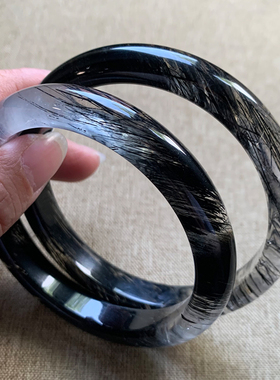 天然顺发黑发晶手镯透体浓密巴西