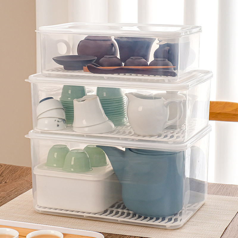 Tea set storage box dustproof large capacity drainage with cover