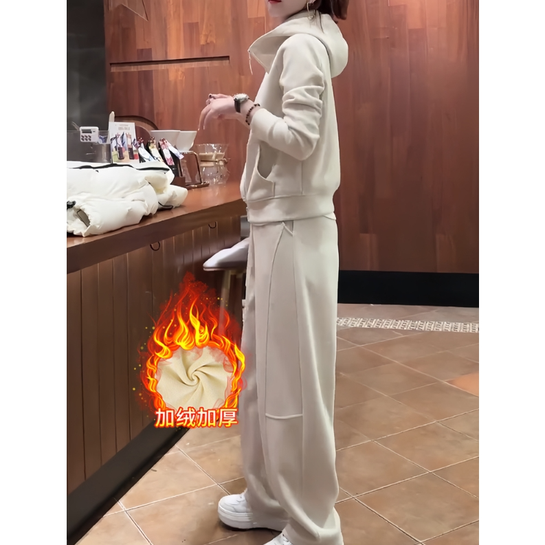 加绒加厚保暖时尚休闲连帽套装女2025冬季新款口袋阔腿裤两件套女,淘宝优惠券,粉丝福利购,淘宝优惠卷