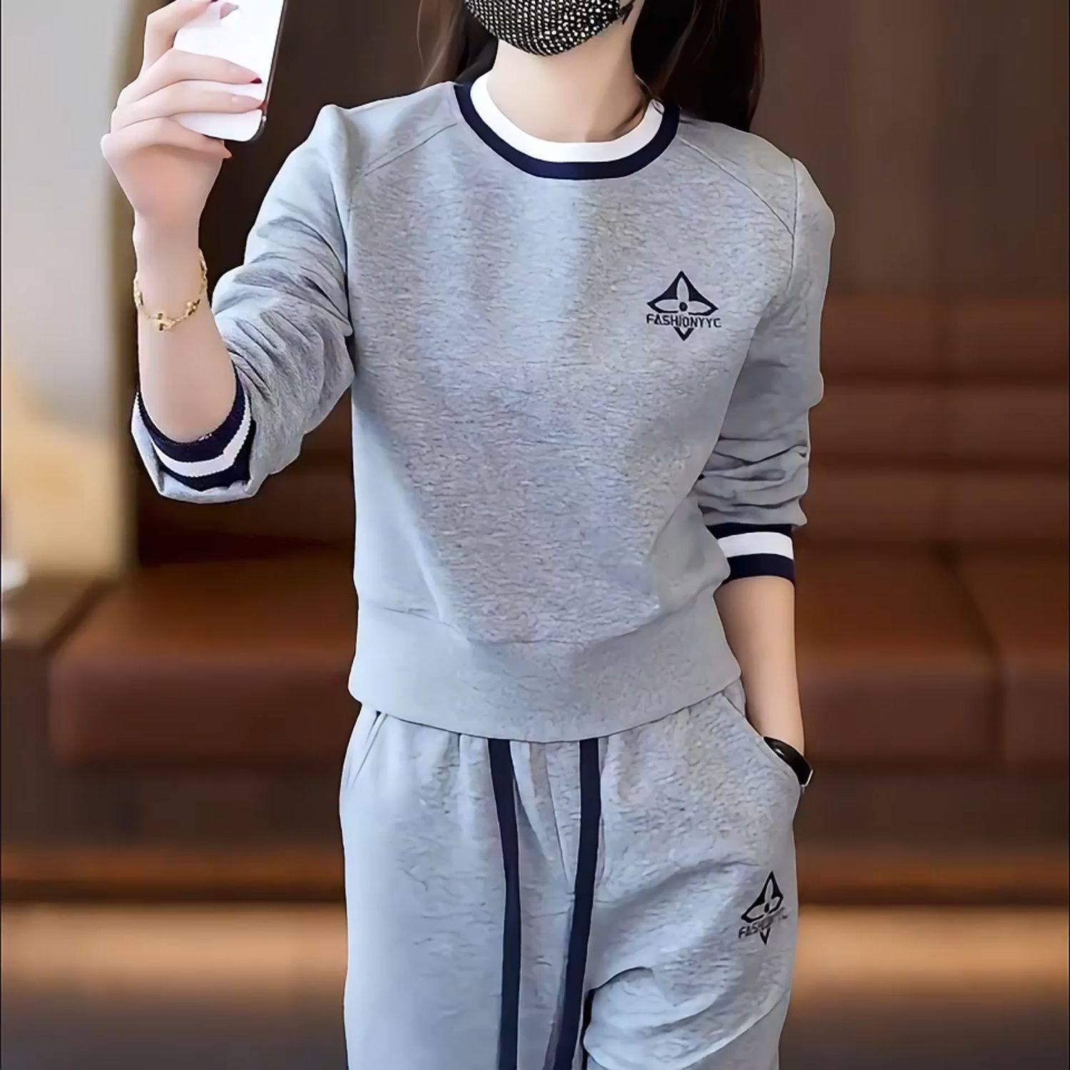 纯棉运动服套装2024春秋新款韩版宽松圆领女卫衣装长袖长裤两件套,淘宝优惠券,粉丝福利购,淘宝优惠卷