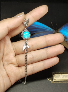 大蓝闪蝶真蝴蝶标本镀银手链大戒面精致ins设计生日礼物送女友