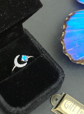 大蓝闪蝶真蝴蝶标本镀银戒指大气月亮精致ins设计生日礼物送女友