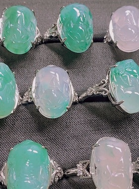 天然玉石非洲翠貔貅戒指活口可调节diy百搭泰银搭配潮流饰品