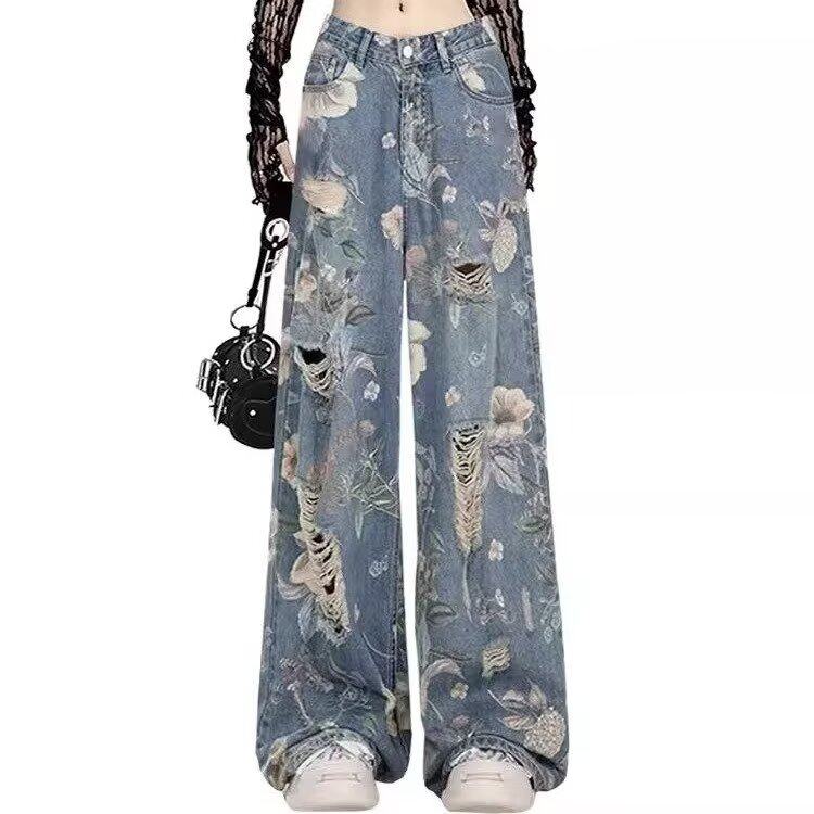 复古印花破洞直筒牛仔裤女秋季2025新款设计感高腰宽松阔腿拖地裤,淘宝优惠券,粉丝福利购,淘宝优惠卷