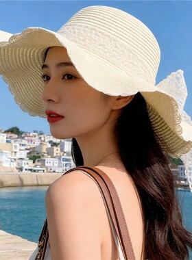 夏季甜美蕾丝蝴蝶结大檐草帽女