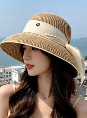 法式复古赫本黑色草帽防晒遮阳帽海边度假沙滩帽子女夏大檐太阳帽