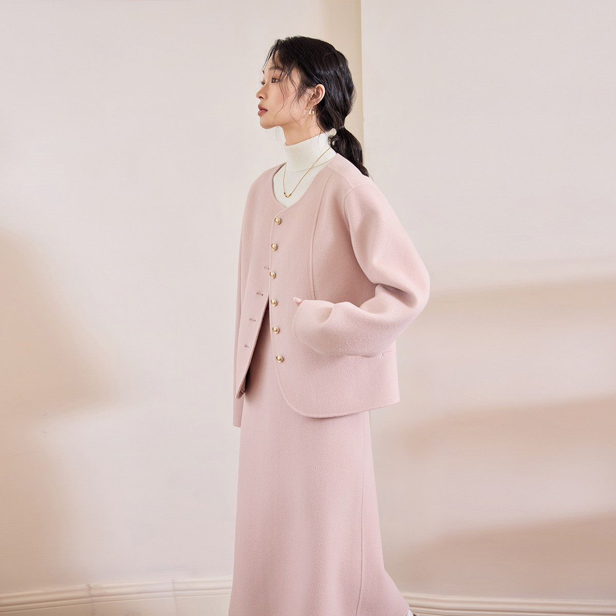 茵曼2025冬季新款双面呢绵羊毛两件套装女毛呢外套大衣半身长裙,淘宝优惠券,粉丝福利购,淘宝优惠卷