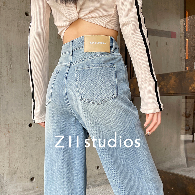 Z11 studios夏季薄款牛仔裤女士浅蓝色复古高腰垂感阔腿宽松裤子-图2