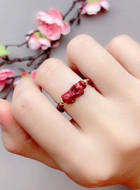 天然朱砂戒指女款转运珠女小众款戒指本命年石榴石戒指朱砂素圈