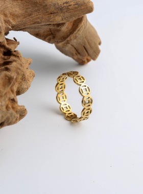 跨境钛钢饰品 镂空招财铜钱转运食指钛钢戒指 几何个性复古情侣戒