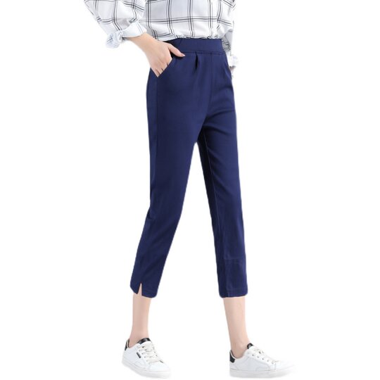 松紧腰弹力七分八分九分裤女夏季薄款白色宽松直筒大码休闲裤子女