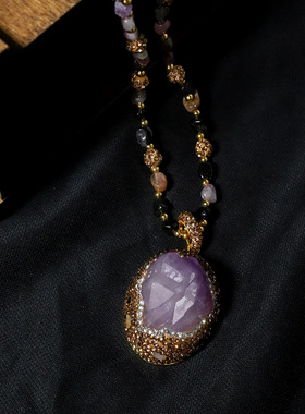 中古vintage包边紫水晶碧玺项链多彩宝石时尚精致个性气质毛衣链