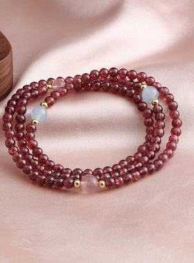 新中式石榴石海蓝宝草莓晶三圈手串石榴石福牌三圈手串时尚简约