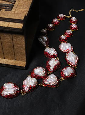 新款天然巴洛克珍珠红色镶钻项链轻奢高级感电镀锁骨链套装送妈妈