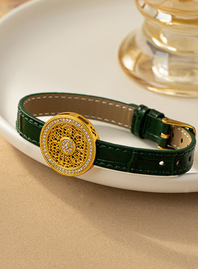 新款八宝罗盘真皮手带竹节纹表带古法金镶锆石手链转运手饰女批发