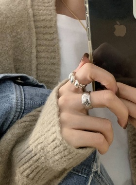 素创S925纯银牛角包菱格戒指女小众设计高级感麻花个性开口食指环